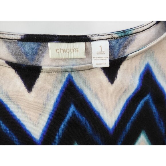 Chicos Blue Black Chevron Zig Zag Stretch Knit Top Size 1 Med Boat Neck - Picture 3 of 11